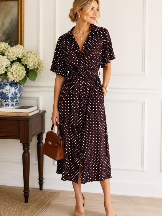 H&M Dresses & Skirts - H&M Brown Polka Dot Button-Front Midi Dress
